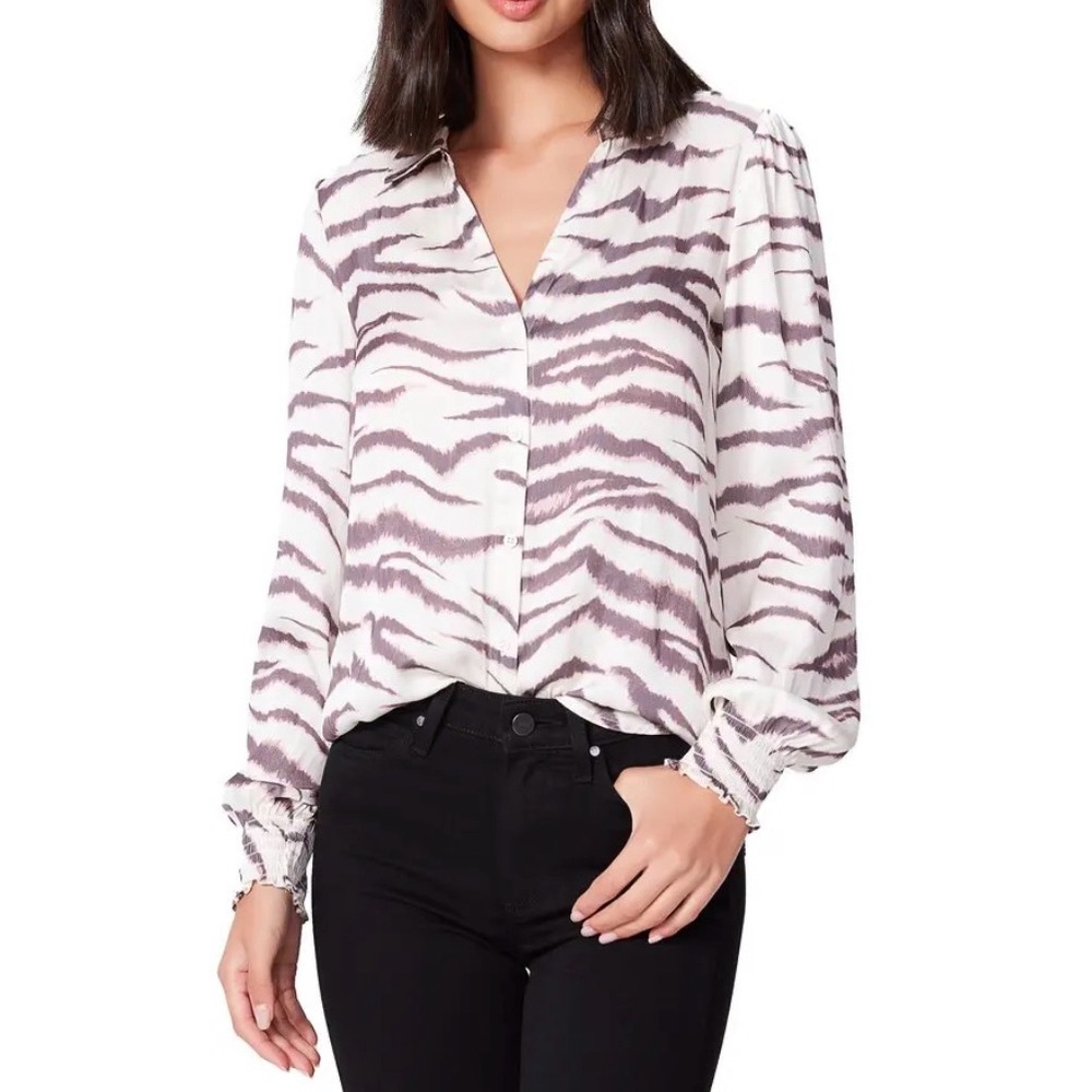 PAIGE Renay Satin Animal Stripe Button Down Blouse in Gardenia Rose/Taupe Sz S